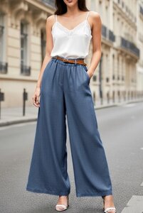 Donkerblauwe palazzo broek in lyocell denim met riem
