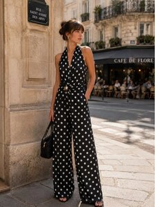 Polkadot jumpsuit met wijde pijpen-zwart-wit