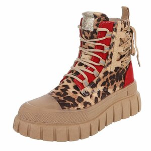 Kaki-rode veterboots met luipaardprint en chunky zool-Bintou