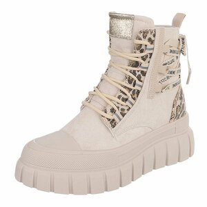 Beige veterboots met snakeprint en chunky zool-Bintou