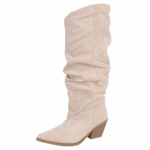 Beige suède cowboylaarzen met geplooide schacht-Darcy