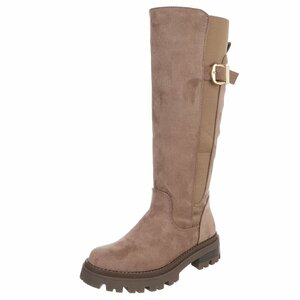 Taupe suède knielaarzen met elastische inzet en gesp-Angelita