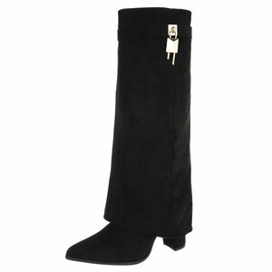 Hoge zwarte suede laars met omslag en sierdetail Abira  