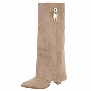 Hoge kaki suede laars met omslag en sierdetail Abira   