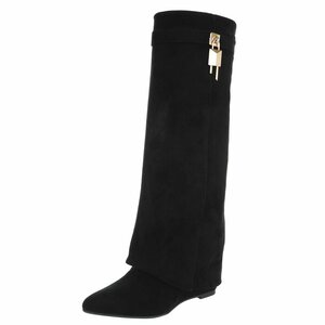 Bottes hautes noires en suède à semelle compensée intérieure-Romina   