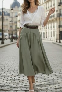 Lange kaki lyocell rok met riem – soepelvallende elegante rok