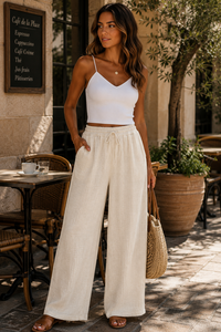 Beige katoenen gauze palazzo broek met elastische taille