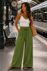 Groene katoenen gauze palazzo broek met elastische taille