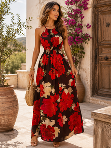Trendy en chique armloze maxi halterjurk in rood-zwart