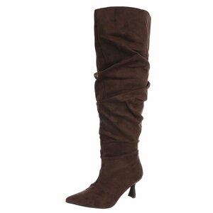 Donkerbruine suede overkneelaarzen met plooischacht en naaldhak-Laurana