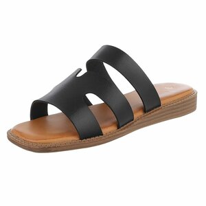 Zwarte dames slippers met dubbele band en comfortabel voetbed-Harva   PROMO