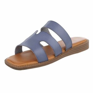 Blauwe dames slippers met dubbele band en comfortabel voetbed-Harva   PROMO