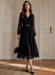 Robe longue élégante en dentelle avec ceinture – noir
