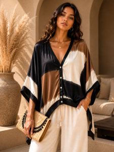 Satijnen gilet met colorblock print- zwart-bruin-beige
