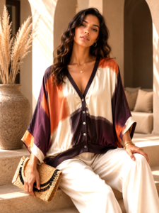Satijnen gilet met colorblock print- bordeaux-oranje-crème