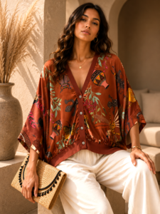 Satijnen gilet met exclusieve safari print-roestbruin