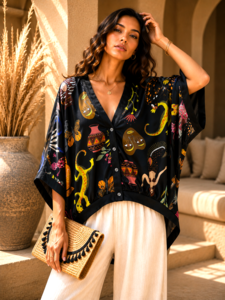 Satijnen gilet met exclusieve safari print-zwart
