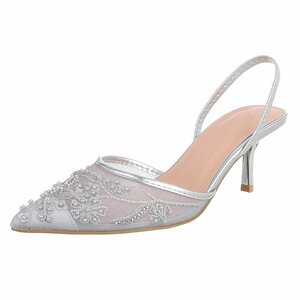 Zilveren slingback pumps met parels en bloemen-Wendy
