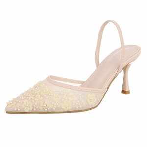 Beige slingback pumps met parels en bloemen-Cassie