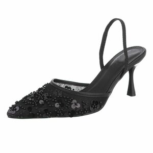 Zwarte slingback pumps met parels en bloemen-Cassie