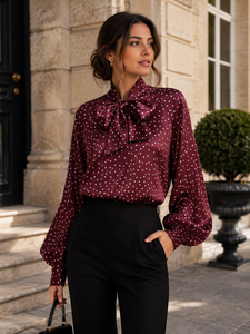 Elegante bordeaux blouse met stippen en strik
