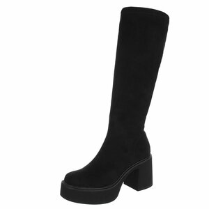Zwarte suede hoge laarzen met plateauzool en brede hak-Chellie