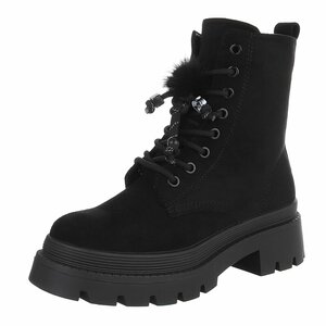 Zwarte suède veterboots met plateauzool en sierlijke veters-Chelsy