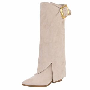 Bottes beiges en suédine avec boucle dorée-Chelita