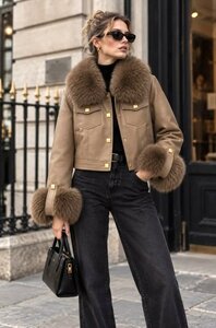 Luxe taupe leatherlook jas met taupe bontkraag