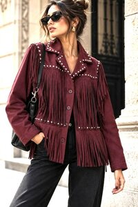 Bordeaux suède jas met franjes en studs