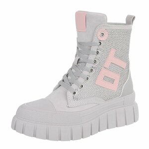 Grijze chunky veterboots met strassdetails-Irena   TEMPORARY SOLD OUT