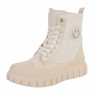 Beige chunky veterboots met smileydetail-Ulrika