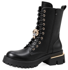 Zwarte veterboots met chunky zool en strass-Yola