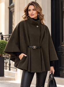 Donkerbruine cape jas met elegante ceintuur